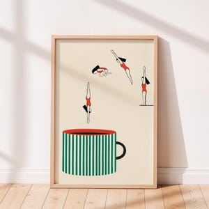 Coffee Enthusiast Print: Illustrated Mug with Swimmers Giclee Wall Art, Green Kitchen Decor (UNFRAMED) image 2