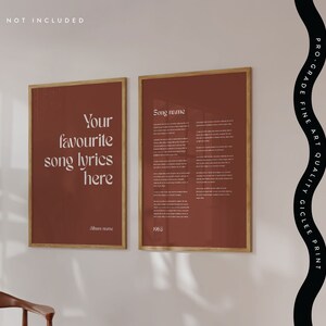May include: Two framed art prints with a warm terracotta background. One print features the text "Your favourite song lyrics here" and the other displays song lyrics. Both are in gold frames. The text "PRO-GRADE FINE ART QUALITY GICLEE PRINT" is on the right.