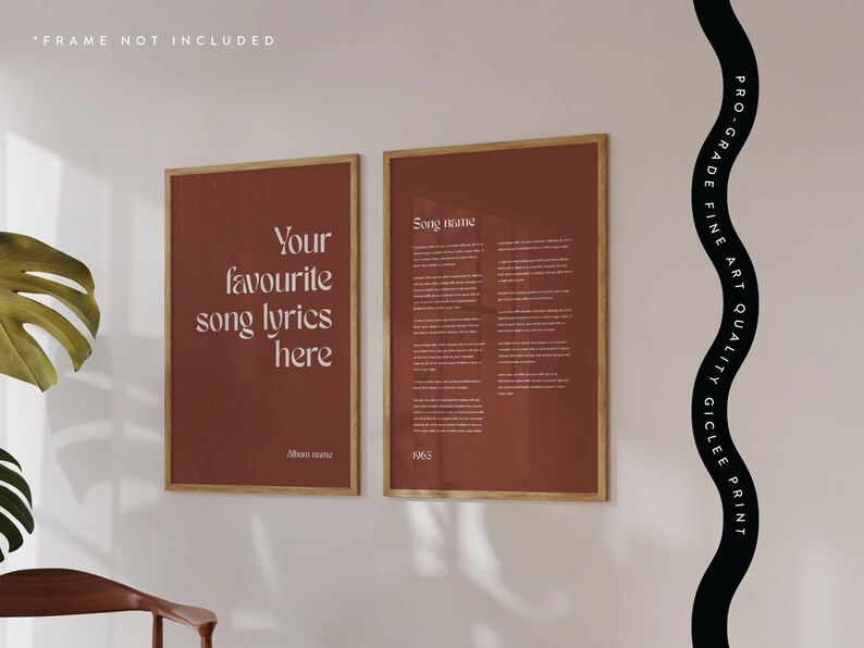 May include: Two framed art prints with a warm terracotta background. One print features the text "Your favourite song lyrics here" and the other displays song lyrics. Both are in gold frames. The text "PRO-GRADE FINE ART QUALITY GICLEE PRINT" is on the right.