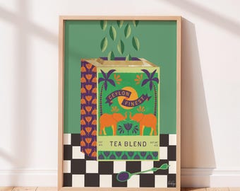 Vintage Tea Tin Art Print | Ceylan Finest Tea Illustration | Maximalist Kitchen Wall Art | Eclectic Retro Home Decor | UNFRAMED | GICLEE