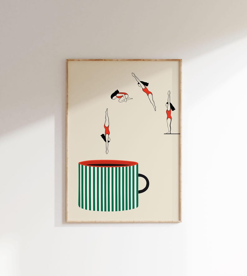 May include: Art print featuring a large green and white striped coffee mug with a red rim and black handle. Above the mug, stylized figures in red swimsuits are depicted diving into the mug.