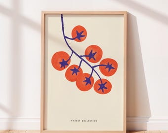 Tomato Food Market Art Print | Red and Blue Food Illustration | Minimalist KItchen Wall Art | Modern Mediterranean Print | Unframed | Giclee