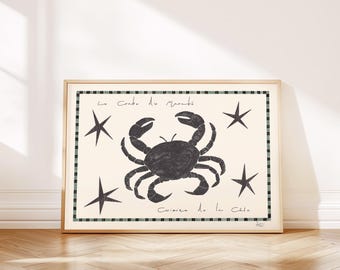 Market Crab Art Print: Coastal Kitchen and Dining Illustration, Neutral and Green Giclee Wall Art (UNFRAMED)