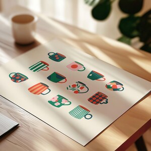 May include: A print featuring a collection of colorful, patterned mugs. The mugs have various designs, including stripes, polka dots, and floral patterns. The color palette includes red, green, pink, and blue. The print is on a cream-colored background.