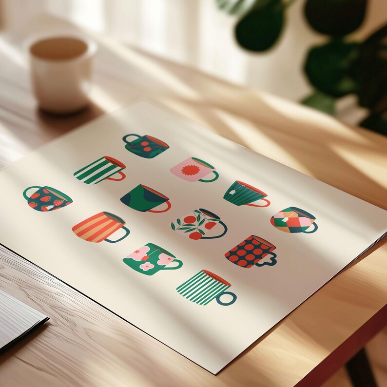 May include: A print featuring a collection of colorful, patterned mugs. The mugs have various designs, including stripes, polka dots, and floral patterns. The color palette includes red, green, pink, and blue. The print is on a cream-colored background.