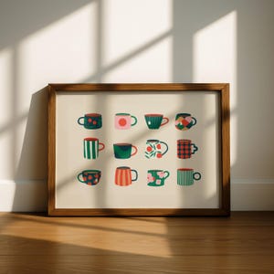 May include: A framed print featuring twelve colorful coffee mugs with various patterns and designs. The mugs are arranged in a grid, showcasing a range of colors including red, green, and blue. The artwork is set against a neutral background.