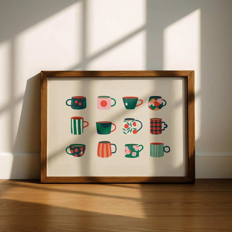 May include: A framed print featuring twelve colorful coffee mugs with various patterns and designs. The mugs are arranged in a grid, showcasing a range of colors including red, green, and blue. The artwork is set against a neutral background.