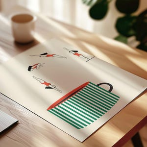 May include: An art print featuring illustrations of swimmers in red swimsuits, with a large green and white striped coffee cup design. The print is on a cream-colored background, with a cup and a mug in the background.
