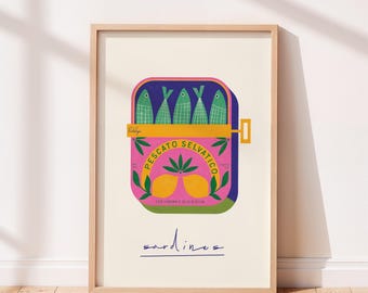 Sardine Tin Art Print: Italian Seafood Wall Art Illustration, Colour-Pop Coastal Kitchen Decor (UNFRAMED, QUALITY GICLEE)