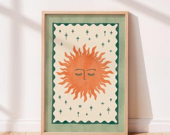 Sage Morning Sun Print – Le Soleil Sun Art Print: Celestial Wall Art, Hand Drawn Sun Illustration (UNFRAMED, QUALITY GICLEE)