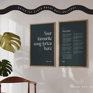 May include: Two framed prints with dark teal backgrounds and wooden frames hang on a wall. The left print reads "Your favourite song lyrics here" in white text. The right print displays song lyrics. The text "FRAME NOT INCLUDED" is at the bottom.