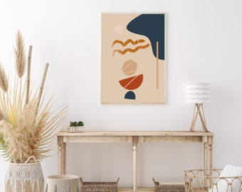 Boho Wall Art, Neutral Wall Art, Mid Century Modern Art Shapes, Abstract Wall Art, Beige, Orange, and Blue Artwork, Bohemian Art, Print Art
