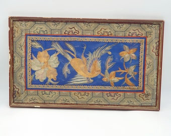 Vintage Chinese Embroidery Art: Handmade Bird & Floral Design in Wooden Frame