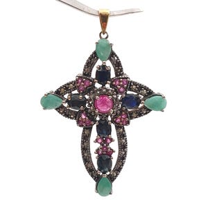 Vintage 9K Gold & 925 Silver Cross Pendant – Precious Stones, Religious Jewelry, Necklace Charm