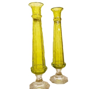Pair of Antique Translucent Yellow-green Glass Vases with Clear Bases, Floral Engraving – Elegant Art Nouveau Style, Circa 1900