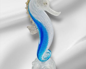 Vintage Murano Glas Seepferdchen Skulptur Cose Rar Pesci, Blau Sommerso mit Silberfolie, Italien