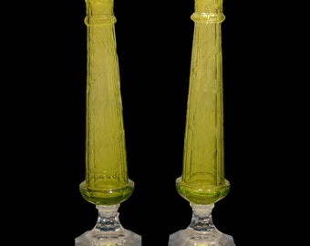 Bohemian Glass Vase Pair, Antique Etched Glass - Yellow - Green Canary, Set of Bud Vase, Cut Glass Austrian / Czech, Glass Candlestick