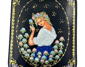 Vintage russische Lackschatulle - Handbemalte Schmuckschatulle aus Kholuy Papiermaché