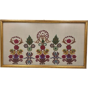 Vintage Greek Linen Embroidery: Framed Folk Art, Birds & Flowers