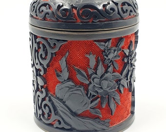 Boîte cylindrique chinoise cinabre rouge et noir sculpté, art chinois asiatique, objets de collection chinois, cinabre chinois sculpté, objets de collection vintage