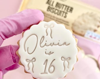 Customised fondant stamp embosser sweet 16 16th bows custom personalised biscuit cookies cutter topper m and s m&s birthday any age 1st 18