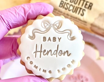 Customised baby shower bow fondant stamp embosser custom personalised biscuit cookies cutter cupcake topper m and s m&s coming soon surname