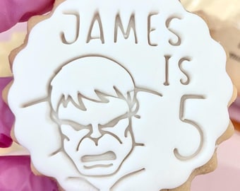 Customised hulk stamp cookie cutter fondant icing embosser custom personalised biscuit m&s birthday man boys super hero party ideas 4th 5th