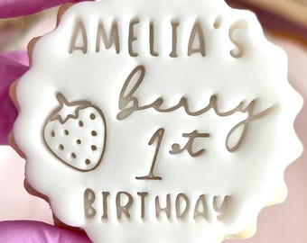 Customised berry first fondant stamp embosser custom personalised biscuit cookie cutter topper m and s m&s birthday party 1st strawberry one