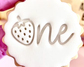 Strawberry one stamp cookie cutter embosser biscuit cookie cutter topper m and s m&s party 1st strawberry berry sweet first birthday favours