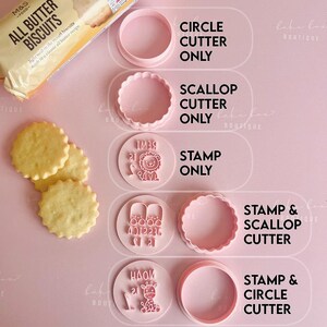 May include: Pink cookie cutters and stamps with text labels. Includes circle, scallop, and stamp-only options, plus stamp and scallop cutter, and stamp and circle cutter sets. A package of all butter biscuits is in the upper left corner.