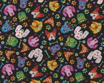Sugar Skull Dogs Colorful Fabric, Sugar Skull Fabric, Cat Fabric, Dog Fabric, Novelty Fabric, Cotton Fabric, Fat Quarter Fabric, Fat Quarter