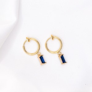 Sapphire Clip-On Earrings Crystal Hoops, Gold Clip-On Earrings, Cubic Zirconia Earrings, Blue Clip Hoops, Gold Plated Hoops image 1