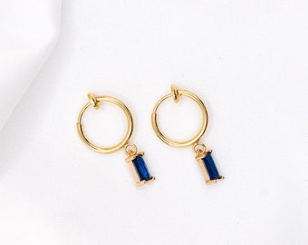 Sapphire Clip-On Earrings Crystal Hoops, Gold Clip-On Earrings, Cubic Zirconia Earrings, Blue Clip Hoops, Gold Plated Hoops