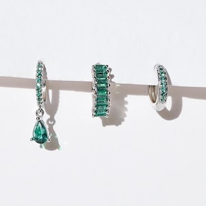 Silver and Jade 3 Piece Earring - Crystal Huggies, Dainty Hoops, Jade Earrings