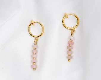 Clip-On Earrings Rose Quartz Hoops, Gold Clip-On Earrings, Rose Quartz Earrings, Rose Quartz Hoops, Gold Plated Hoops