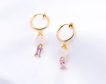 Clip-On Pink And Rose Quartz Earrings , Gold Clip-On Earrings, Rose Quartz Earrings, Pink Hoops, Gold Plated Hoops