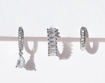 Crystal 3 Piece Silver Earrings  - Crystal Huggies, Dainty Hoops, Teardrop Dangle Earrings,  Hand Assembled
