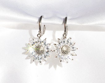 Clip-On Silver Flower Crystal Earrings - Silver Clip-On Earrings, Crystal Clip-On Earrings, Clip-On Flower Earrings, Sunflower Earrings