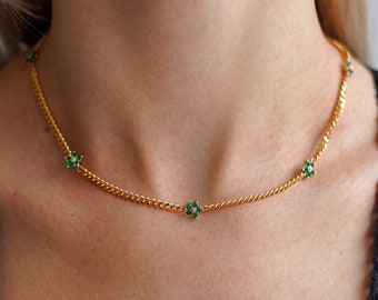 18crt Gold Plated 5 Piece Jade Floral Chain Cubic Zirconia Necklace, Floral Necklace, Dainty Chain, Gift