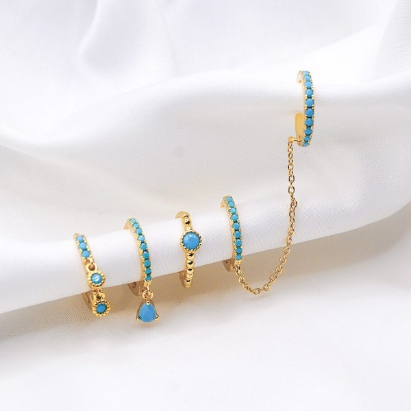 Turquoise Hoop Gold Plated Earring Set in Gold Huggie Hoop Earrings, 5 Piece Stud Earrings, Multi Piercing, Gift for Her