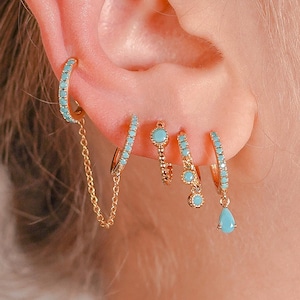 Gold and Turqoise Hoop 5pc Earring Stack: Huggies, Studs & Cuff