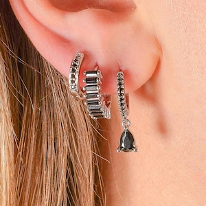 Silver and Black 3 Piece Earring Stack - Crystal Huggies, Dainty Hoops, Teardrop Dangle Earrings,  Hand Assembled