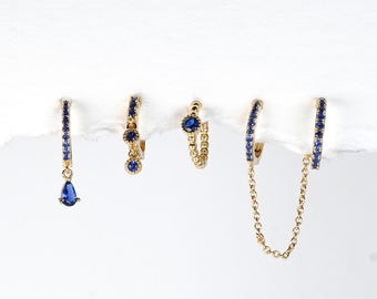 Dark Blue Hoop Gold Plated Earrings in Gold Huggie Hoop Earrings, 5 Piece Stud Earrings, Multi Piercing, Gift for Her, Hand Assembled