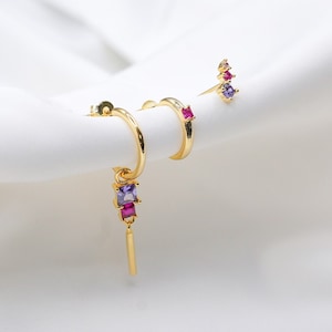 Gold Plated Hoop Earring Trio in Amethyst & Magenta - Perfect for Multiple Piercings