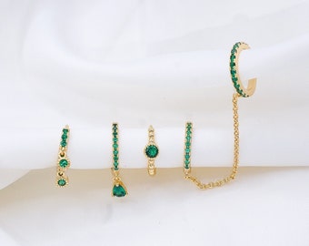 Jade Coloured Hoop Gold Plated Earring Set in Gold Huggie Hoop Earrings, 5 Piece Stud Earrings, Multi Piercing, Gift for Her