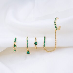 Jade Coloured Hoop Gold Plated Earrings in Gold Huggie Hoop Earrings, 5 Piece Stud Earrings, Multi Piercing, Gift for Her