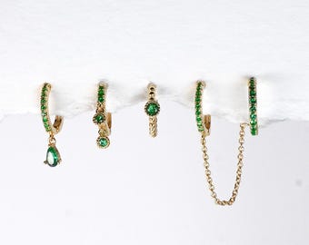 Jade Coloured Hoop Gold Plated Earrings in Gold Huggie Hoop Earrings, 5 Piece Stud Earrings, Multi Piercing, Gift for Her,  Hand Assembled