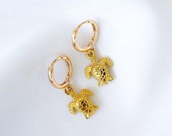 Gold Plated Huggie Hoop Turtle Earrings