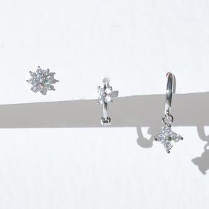 Flower Crystal 3 Piece Silver Earrings  - Crystal Huggies, Dainty Hoops, Teardrop Dangle Earrings, Floral Huggies, Helix Piercings