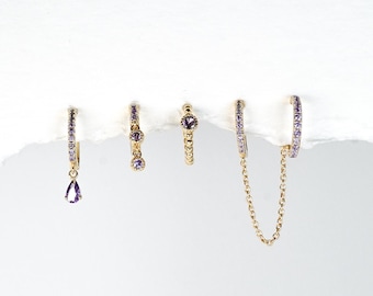 Amethyst Hoop Gold Plated Earrings in Gold Huggie Hoop Earrings, 5 Piece Stud Earrings, Multi Piercing, Gift for Her,  Hand Assembled